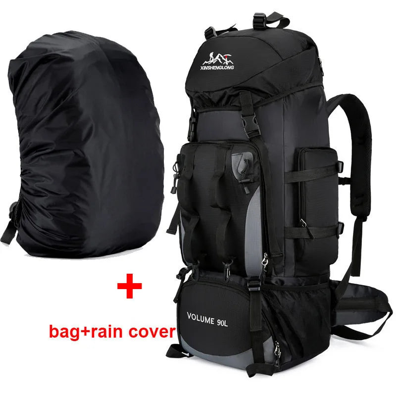 Red 90L waterproof hiking backpack by FanzyMarket with large capacity for trekking, camping, and outdoor travel, unisex design.