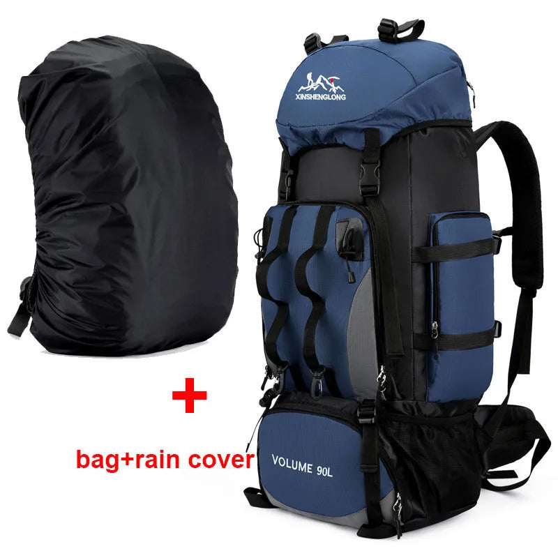 Red 90L waterproof hiking backpack by FanzyMarket, large capacity trekking rucksack for camping, travel, and outdoor adventures.