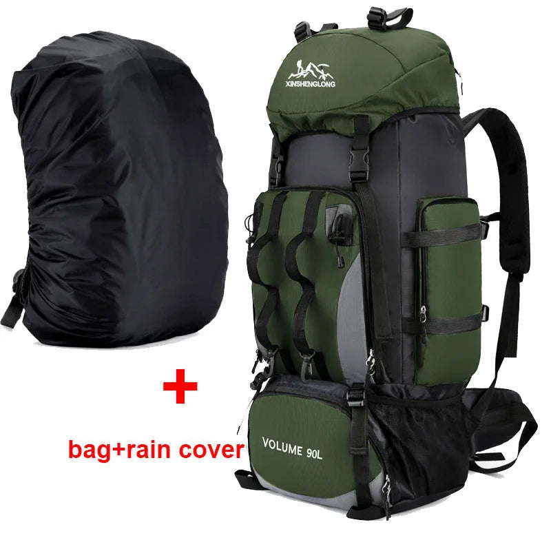 Red 90L waterproof hiking backpack by FanzyMarket, large capacity trekking rucksack for camping and outdoor travel.