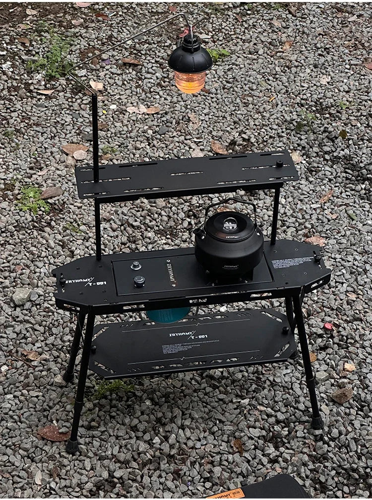FanzyMarket 0.5-unit IGT-compatible aluminum folding camping table, portable and expandable for outdoor camping and fishing trips.