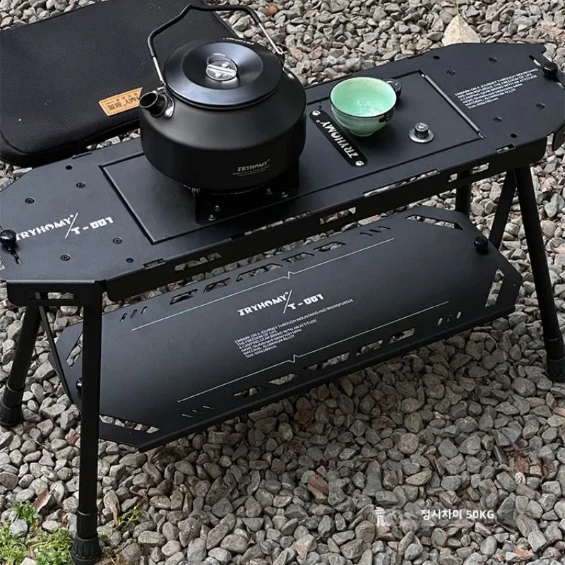 FanzyMarket 0.5-unit IGT-compatible aluminum folding camping table, portable and expandable for outdoor camping and fishing activities.