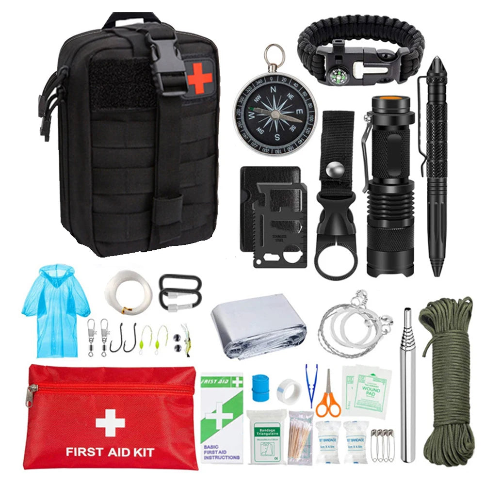 FanzyMarket 38-in-1 tactical survival first aid kit with Molle trauma emergency medical pack for camping and hiking.