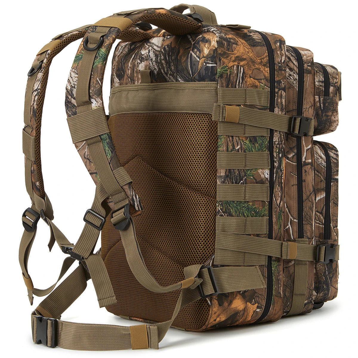 FanzyMarket 45L tactical backpack in tree camo, ideal for hiking, camping, and outdoor treks for men and women.