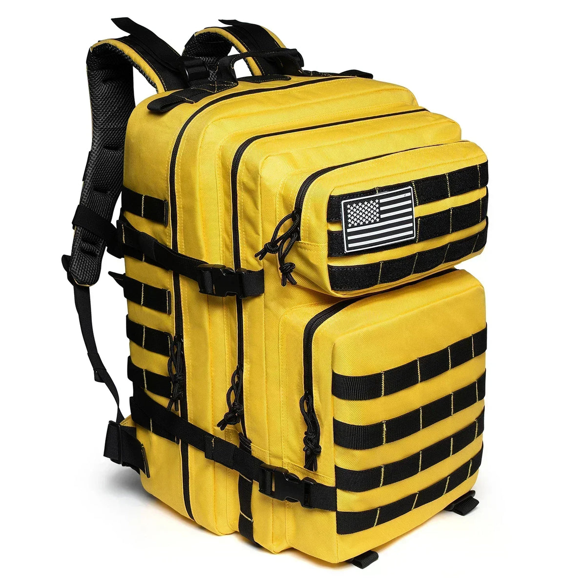FanzyMarket 45L tactical backpack in tree camo, suitable for hiking, camping, trekking, and outdoor adventures for men and women.