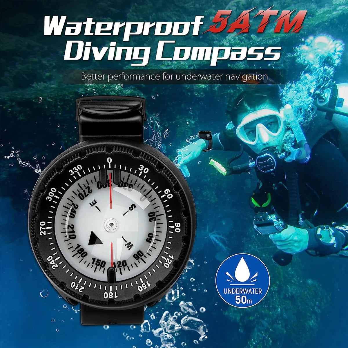 Yellow digital underwater diving compass wristwatch by FanzyMarket, waterproof to 50m with luminous display for scuba navigation