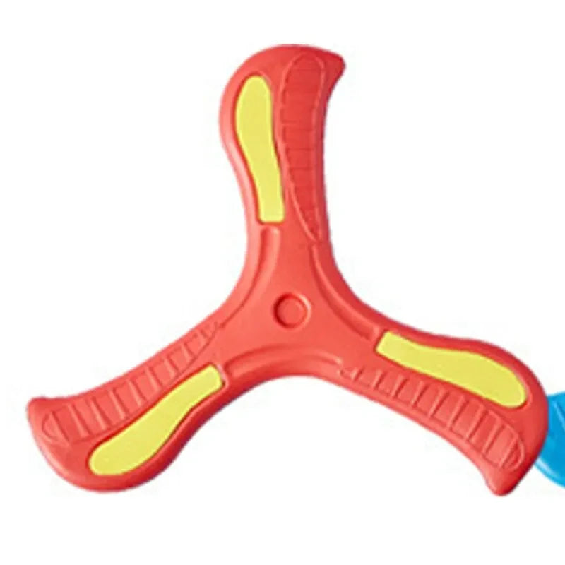 FanzyMarket soft foam boomerang flying disc in yellow, 10.2 inches, with a three-leaf cross design for outdoor play by kids and adults.