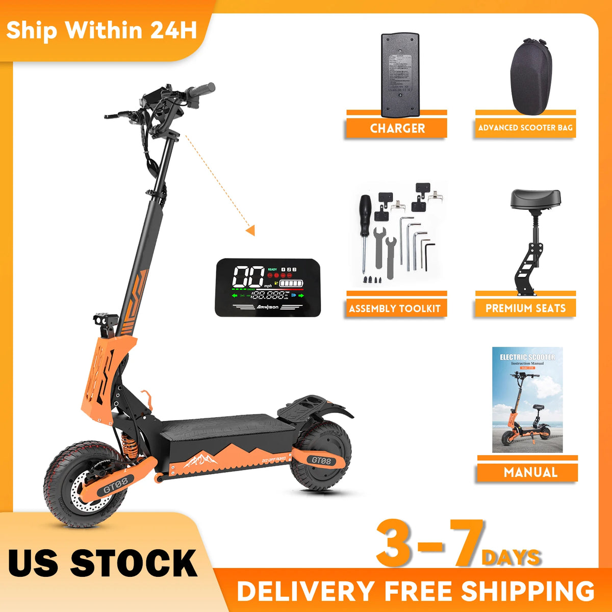 FanzyMarket 5600W dual motor electric scooter for adults with off-road 11-inch tires, folding design, seat, and 46 MPH speed.