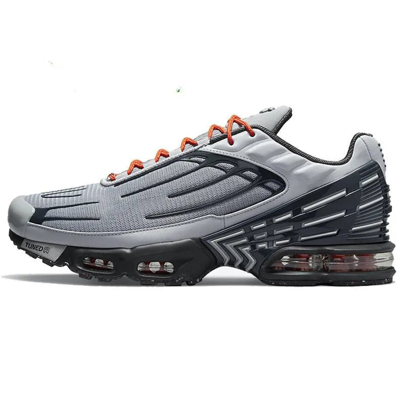 Silver and black breathable outdoor running sneakers by FanzyMarket, unisex athletic shoes for outdoor fitness and running.
