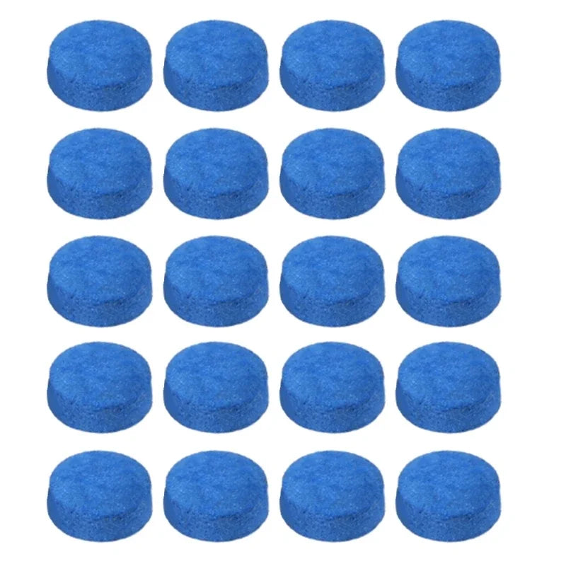 20-pack FanzyMarket pool cue tips, 10/12/13mm leather snooker replacement tips for billiards, shown in a close-up image.