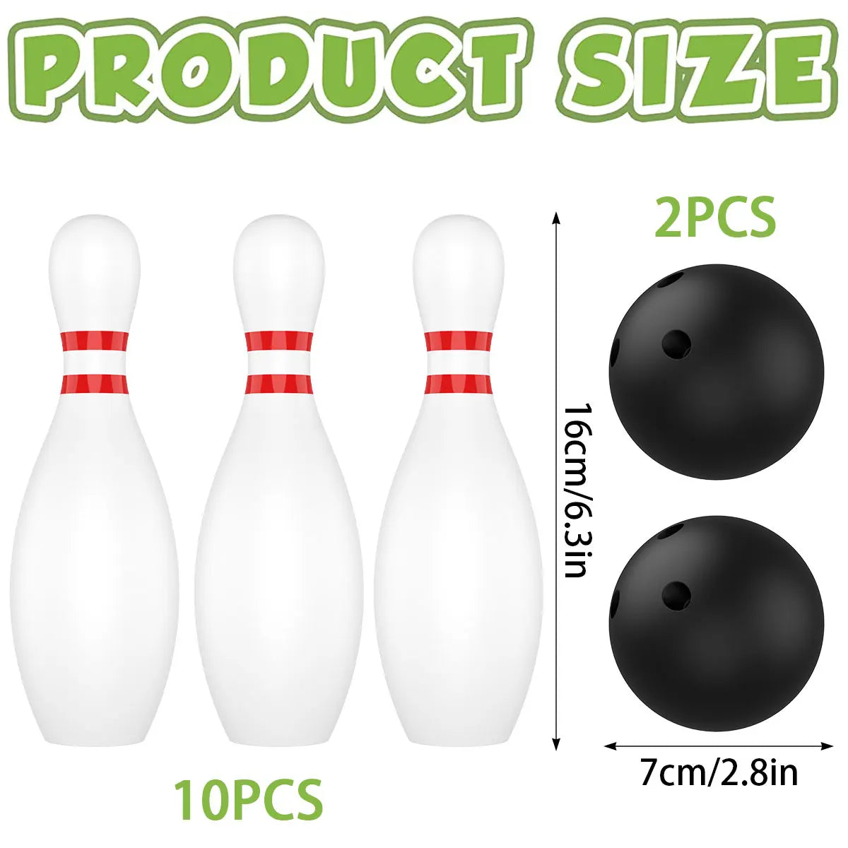 Kids 10-pin bowling set by FanzyMarket with 2 plastic balls and 16cm pins, suitable for indoor and outdoor family play.