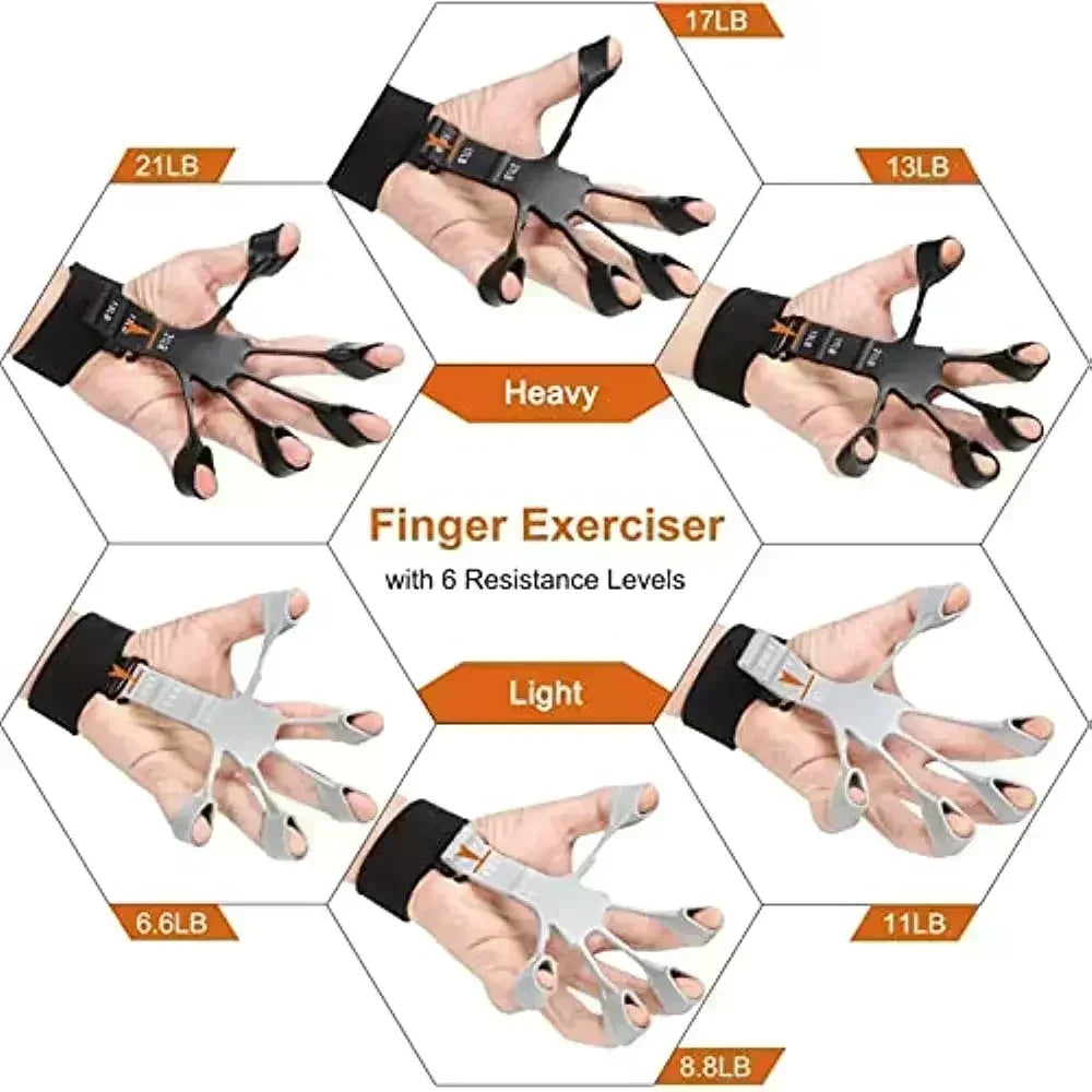 Black silicone finger exerciser hand strengthener with 6 resistance levels for grip, arthritis, rehab, climbing, and guitar training.