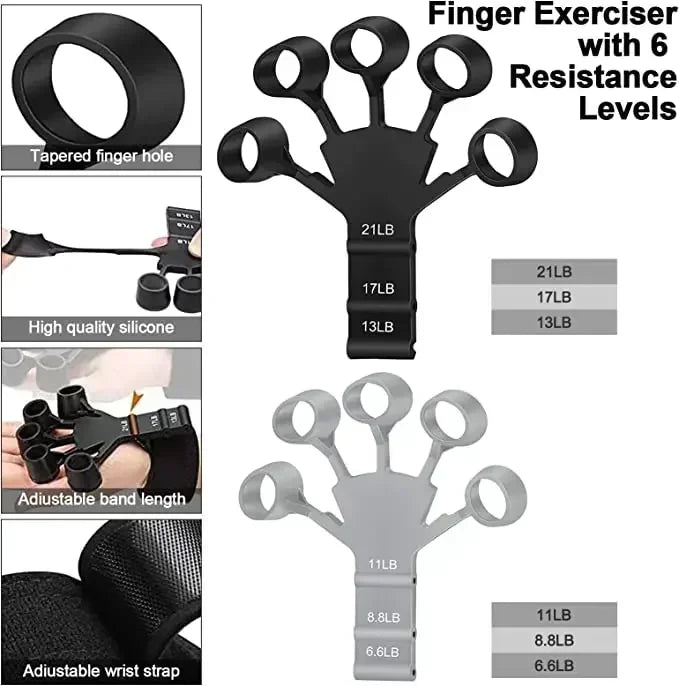 Black silicone finger exerciser hand strengthener with 6 resistance levels for grip, arthritis, rehab, climbing, and guitar training.