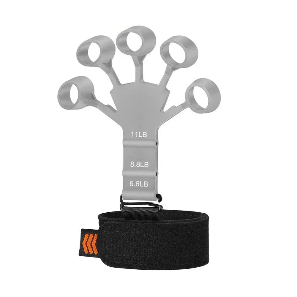 Black silicone finger exerciser hand strengthener with 6 resistance levels for grip, arthritis, rehab, climbing, and guitar training.