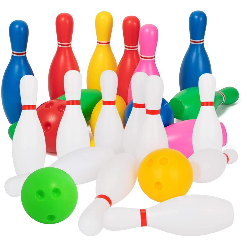 Mini bowling set with 2 plastic balls and 10 pins, ideal for kids' indoor and outdoor tabletop sports and entertainment.