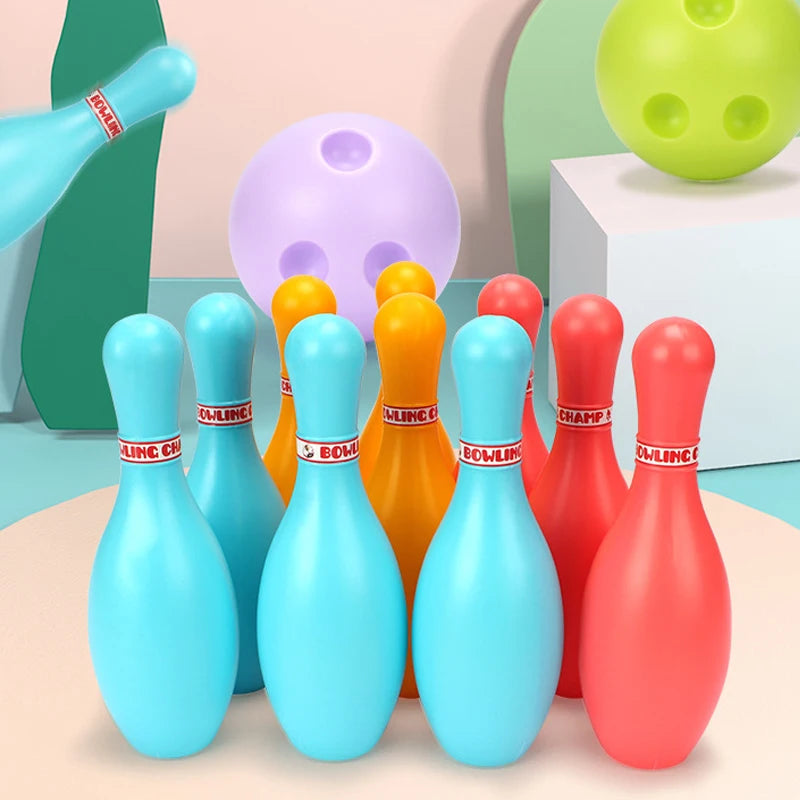 FanzyMarket mini bowling set with 2 balls and 10 plastic pins, ideal for kids indoor and outdoor tabletop fun.