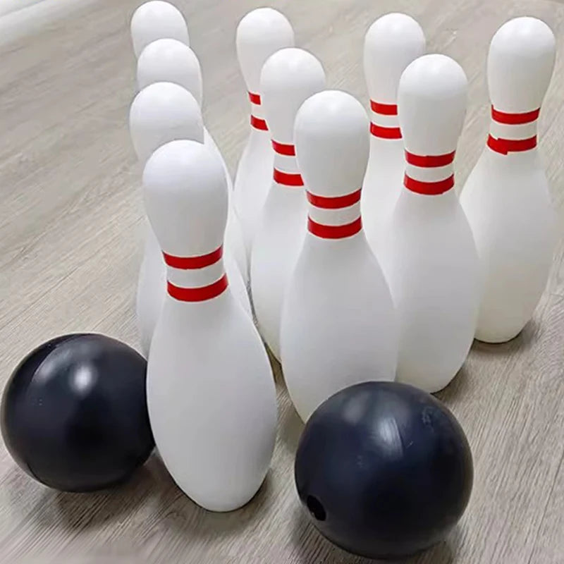FanzyMarket mini bowling set with 2 plastic balls and 10 pins, ideal for indoor and outdoor kids tabletop bowling games.