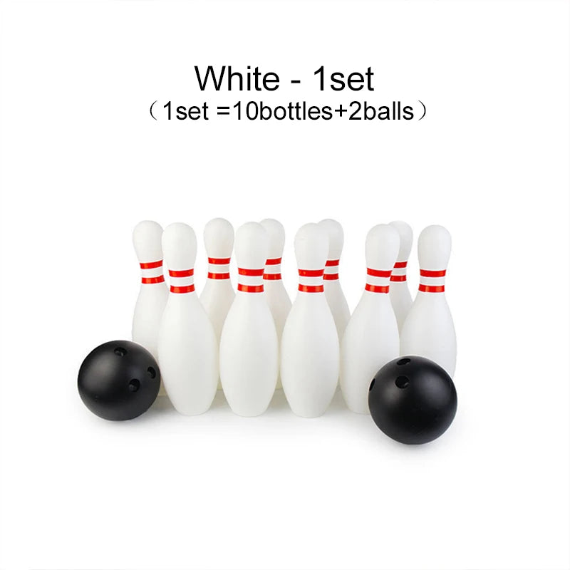 FanzyMarket mini bowling set with 2 plastic balls and 10 pins, suitable for indoor and outdoor tabletop fun for kids.
