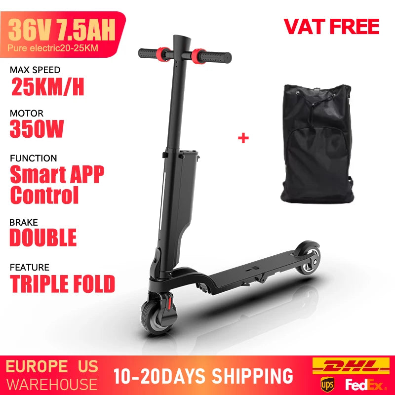 FanzyMarket foldable electric scooter for adults with 350W motor, 36V removable battery, smart app control, and top speed 25 km/h.