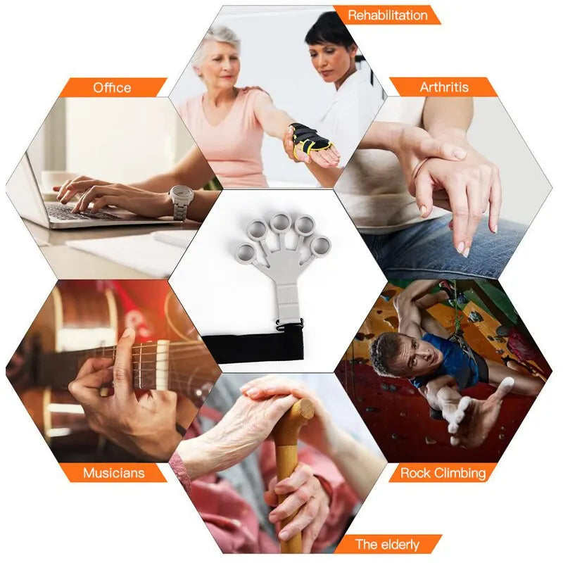 Two FanzyMarket silicone finger exercisers with six resistance levels, designed for hand strength, rehab, guitarists, and athletes.
