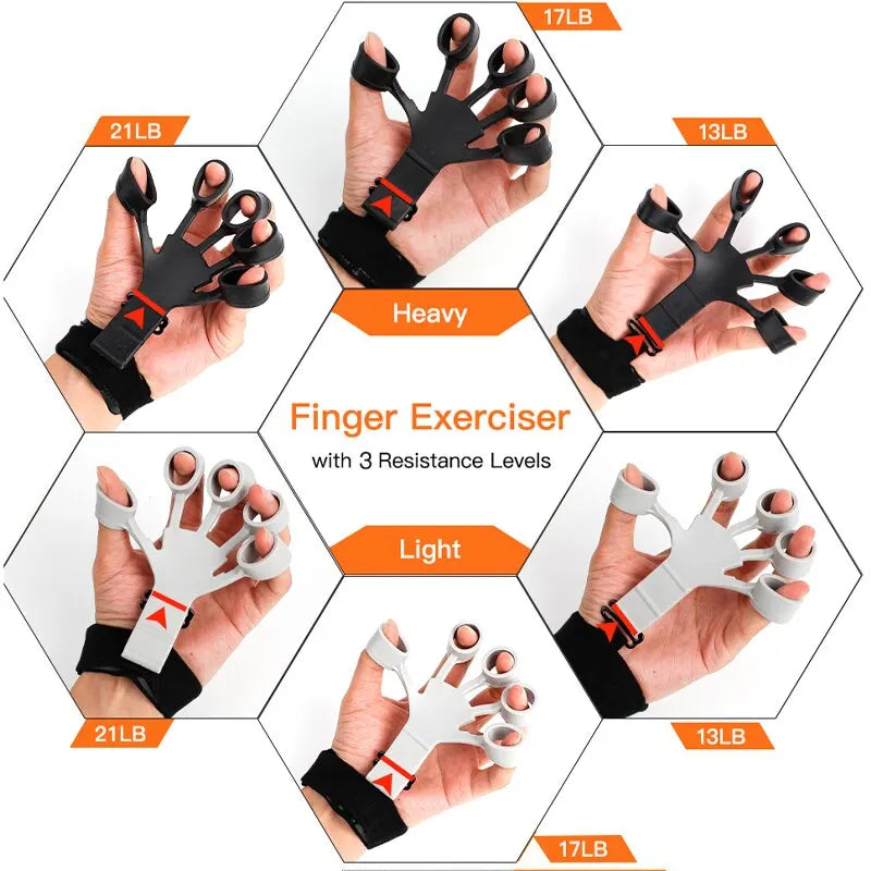 FanzyMarket 2-pack silicone finger exercisers with 6 resistance levels for hand strength, rehab, guitarists, and athletes.