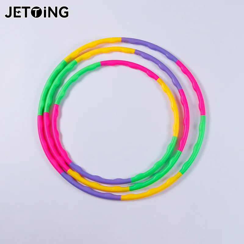 FanzyMarket adjustable kids hula hoop, portable plastic fitness ring with colorful design and removable parts for waist training and fun.