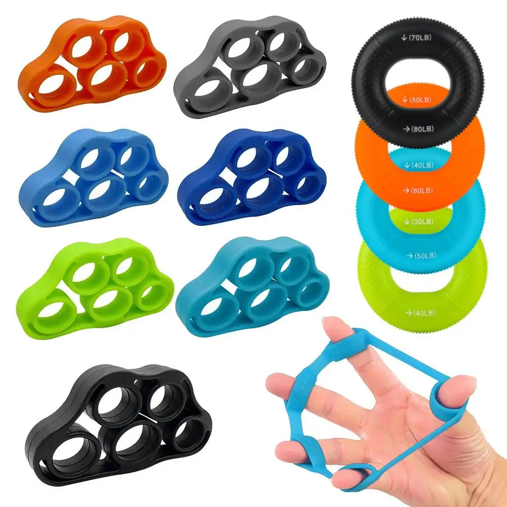 Dark green 5-finger silicone grip ring by FanzyMarket for finger strength, rehab, guitar practice, and stress relief exercises.
