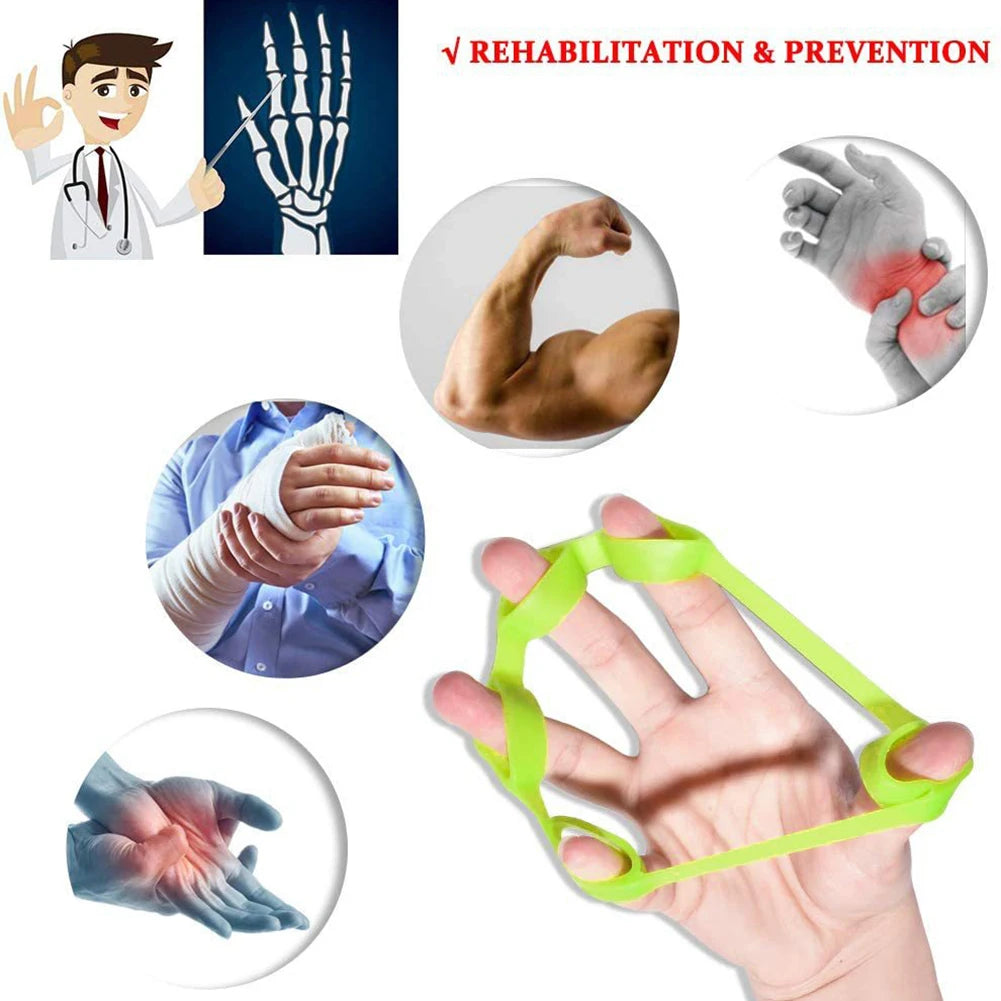 Dark green 5-finger silicone strengthener ring for hand grip, finger exercise, rehab, guitar practice, and stress relief.