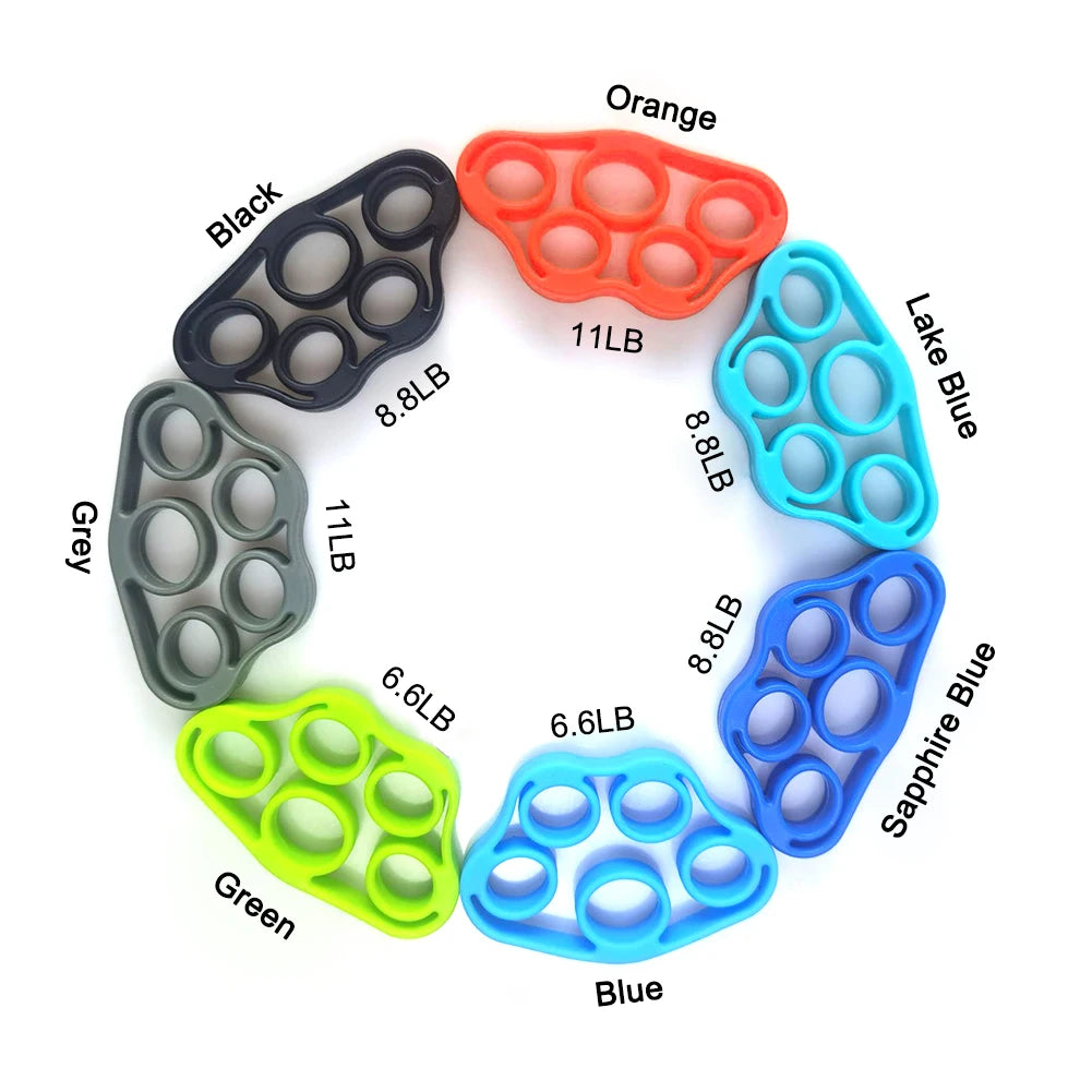 Dark green 5-finger silicone finger strengthener ring for hand grip, rehab, guitar practice, and stress relief by FanzyMarket.