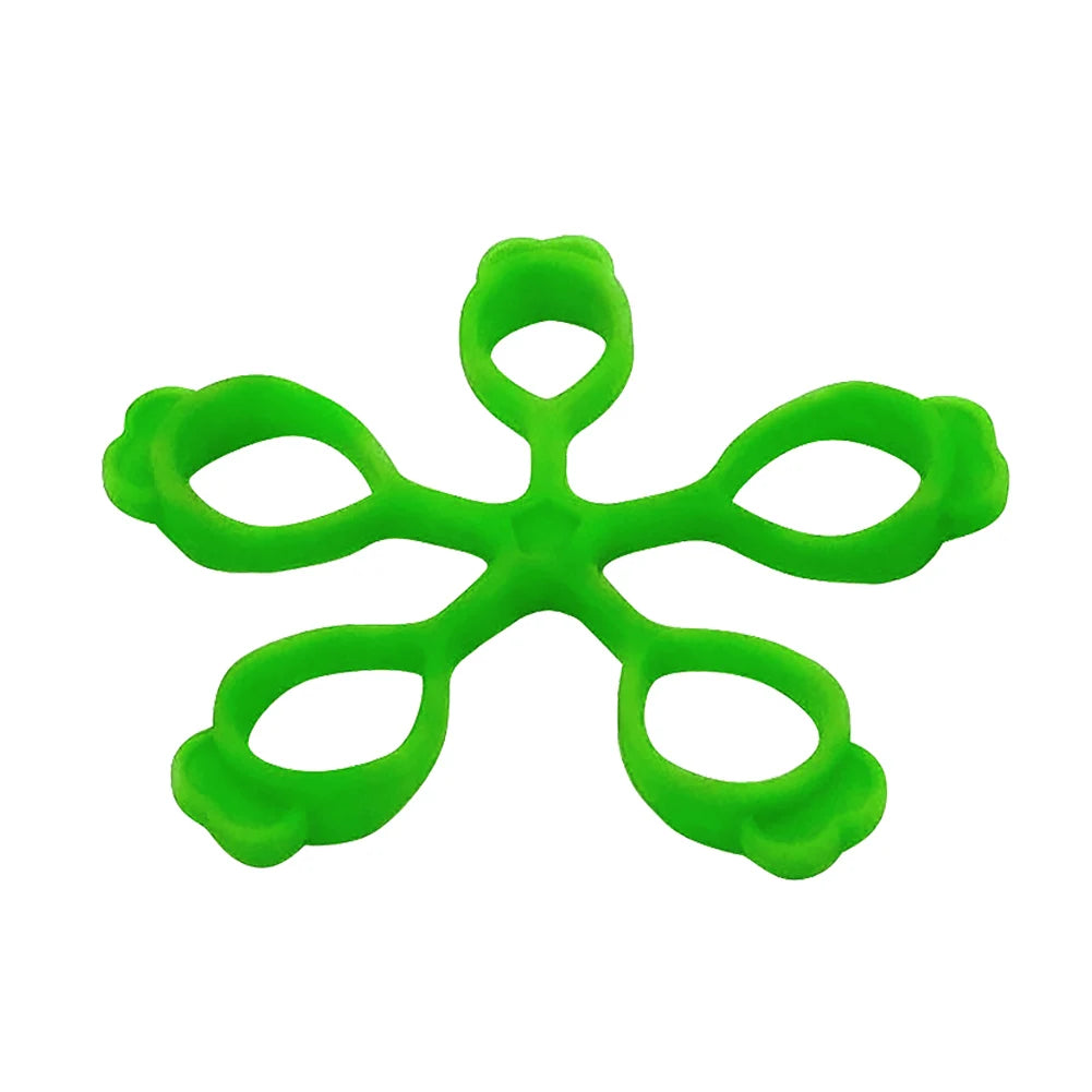 Dark green 5-finger silicone finger strengthener ring for hand grip, rehab, guitar practice, and stress relief from FanzyMarket.