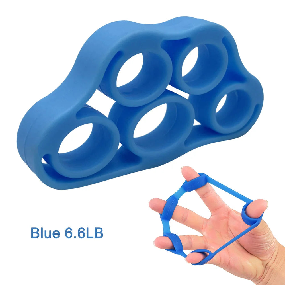 Dark green 5-finger silicone finger strengthener ring for hand grip, rehab, guitar practice, and stress relief by FanzyMarket.