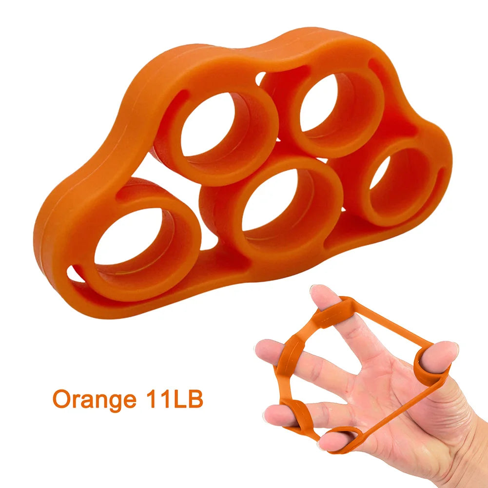 Dark green 5-finger silicone strengthener ring from FanzyMarket, used for hand grip, finger exercise, rehab, guitar practice, and stress relief.
