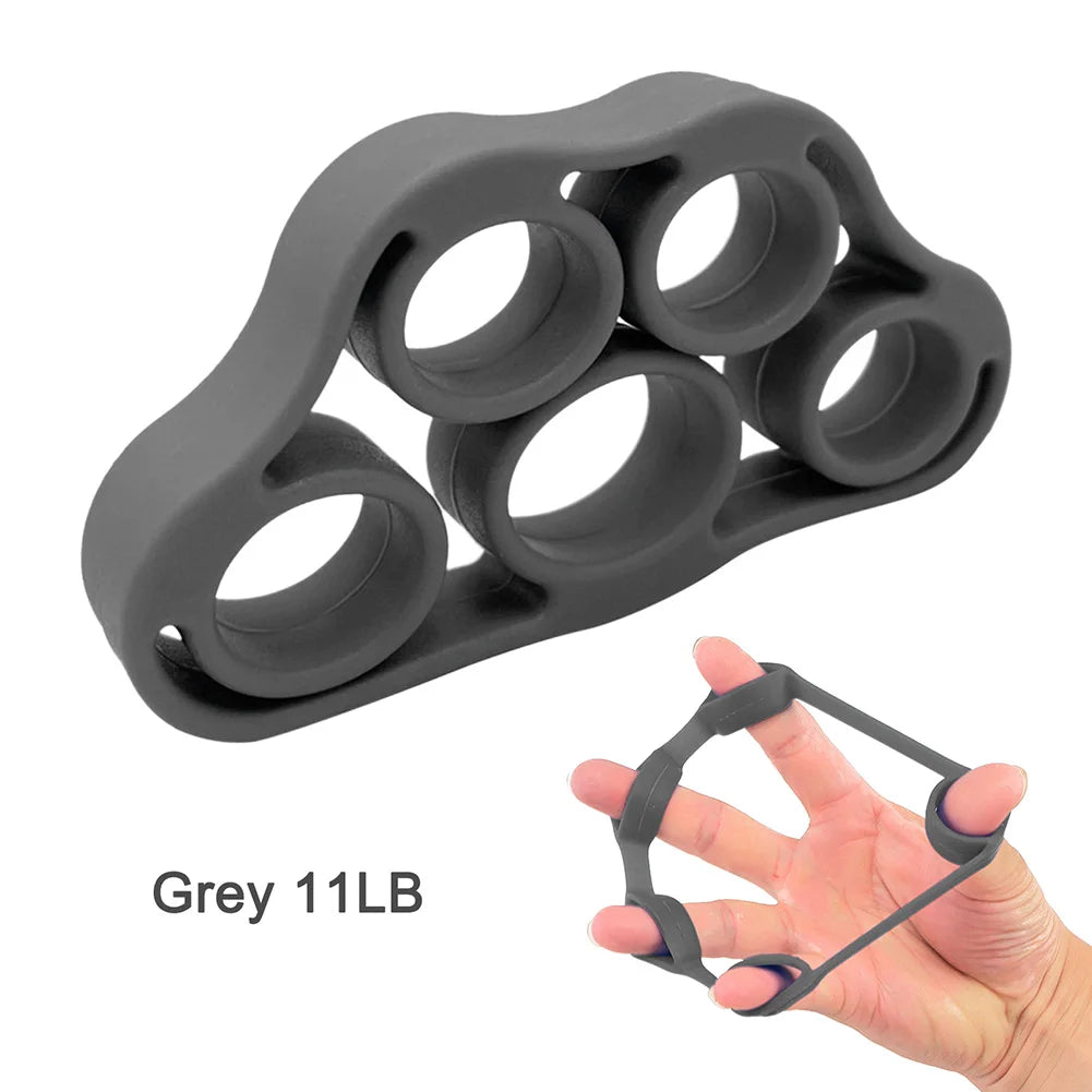 Dark green 5-finger silicone strengthener ring from FanzyMarket for hand grip, finger exercises, rehab, guitar practice, and stress relief.