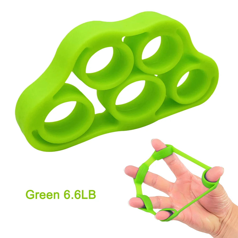 Dark green FanzyMarket 5-finger silicone strengthener ring for hand grip, finger exercise, rehab, guitar practice, and stress relief.