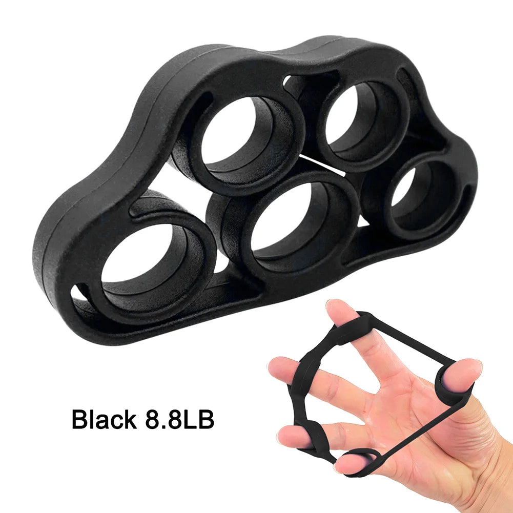 Dark green 5-finger silicone strengthener ring from FanzyMarket for hand grip, finger exercise, rehab, guitar practice, and stress relief.