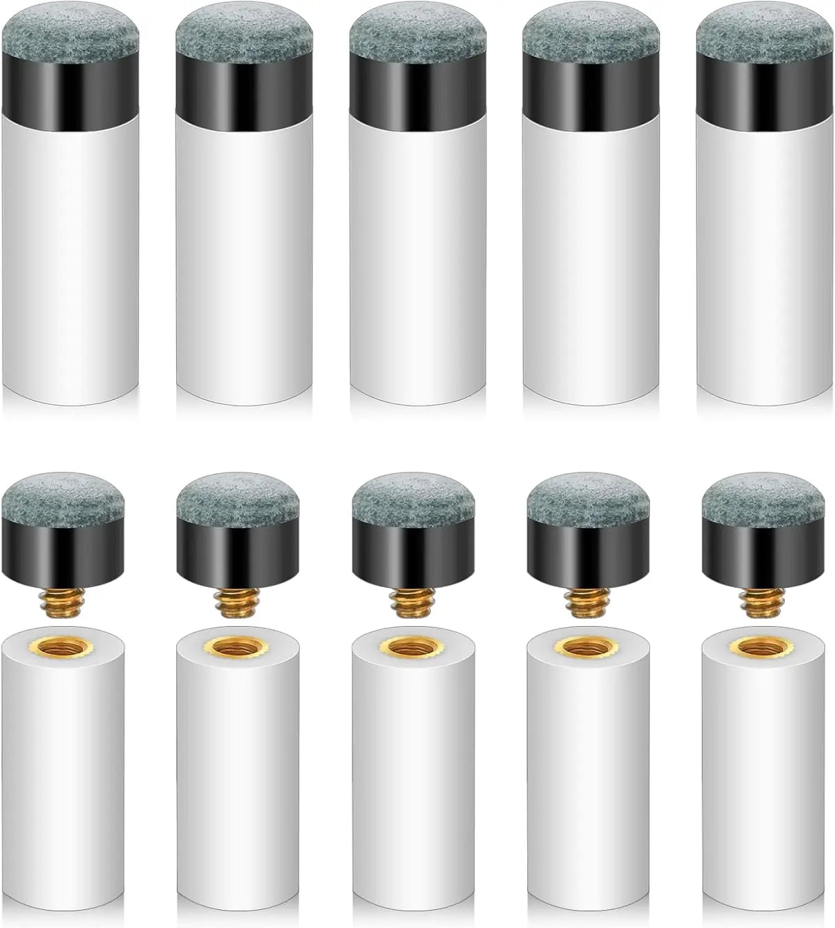 Set of 5 or 10 FanzyMarket 12mm screw-on pool cue tips with ferrules for billiard cue replacements, made of leather.