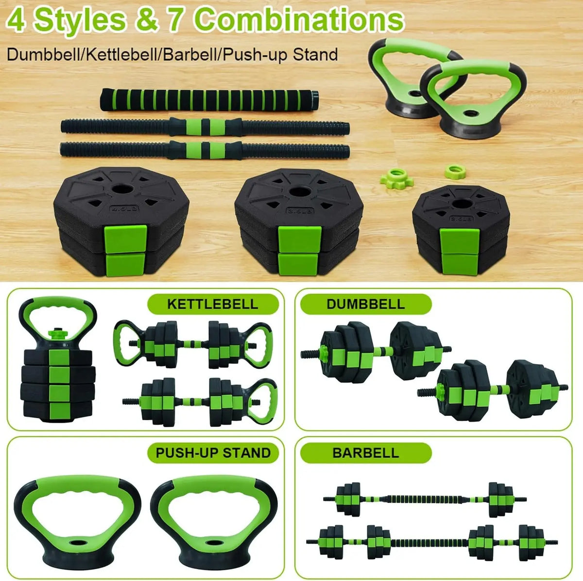 FanzyMarket 4-in-1 adjustable dumbbell and kettlebell set with push-up handles, available in 66 lb and 88 lb options for home gym use.