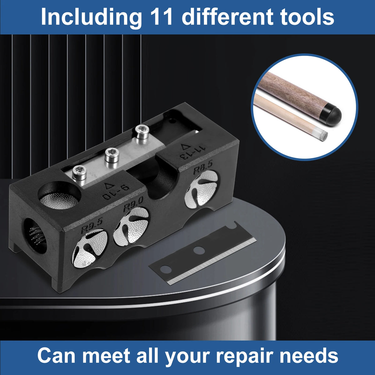 FanzyMarket 11-in-1 pool cue tip repair tool with aluminum alloy body, featuring a cue tip shaper, wrench, and replacement blade.