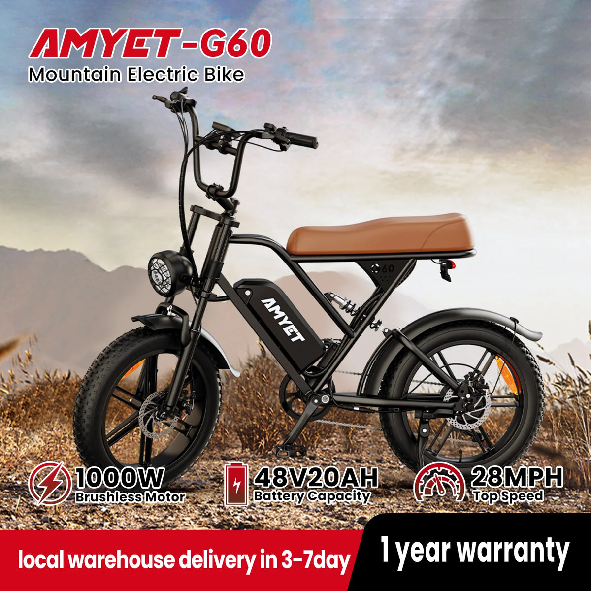 Black electric fat-tire bike with 20-inch wheels, 1000W motor, 7-speed gears, dual suspension, and removable 48V battery.