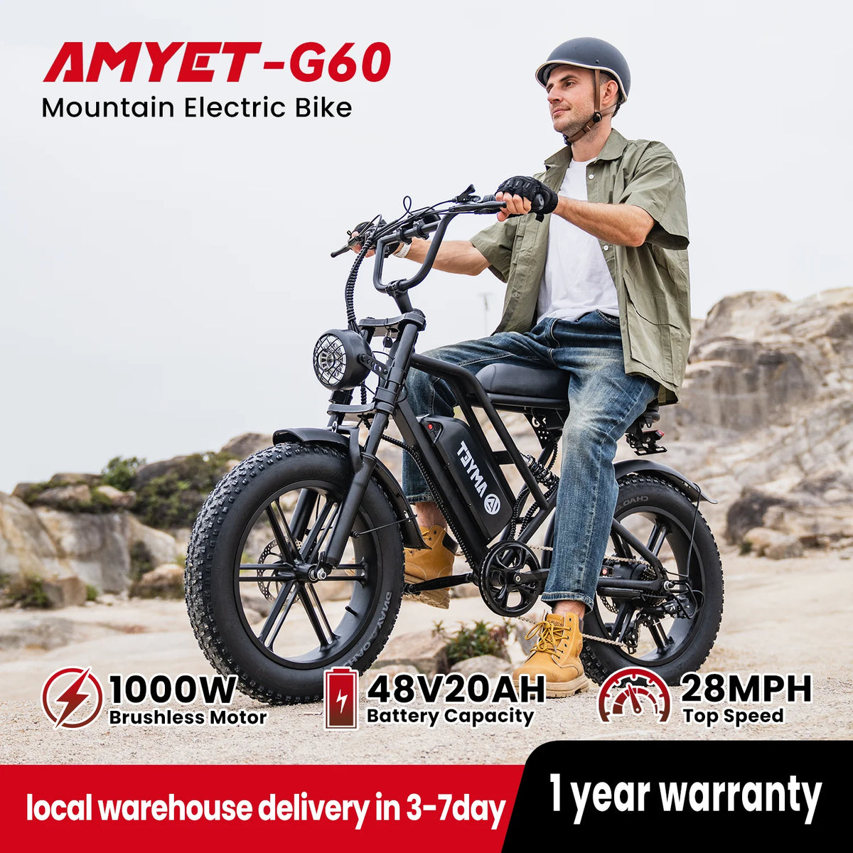 FanzyMarket electric fat-tire bike with 1000W motor, 48V battery, 20-inch wheels, 7-speed gears, and dual suspension.