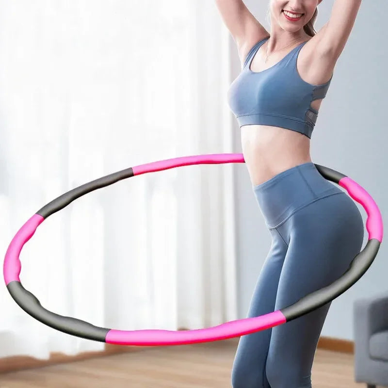 Blue adjustable hula hoop with 7, 8, or 9 detachable sections for Pilates, yoga, waist slimming, and fitness exercises.