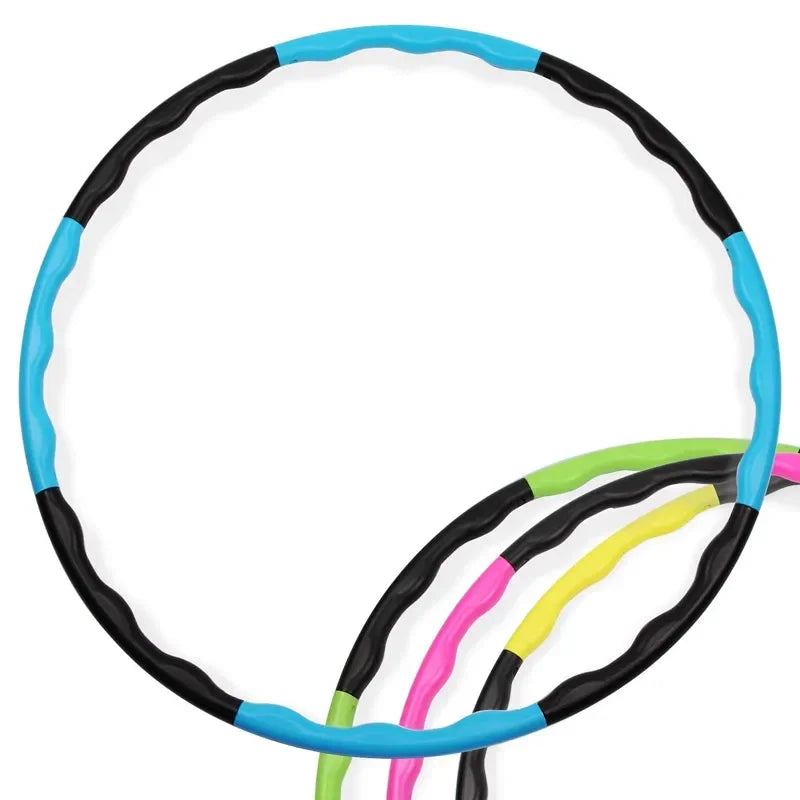 Blue adjustable hula hoop with 7, 8, or 9 sections for Pilates, yoga, waist slimming, and fitness exercises.