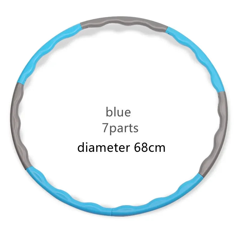 Blue adjustable FanzyMarket hula hoop with 7/8/9 detachable sections for waist slimming, Pilates, yoga, and fitness exercises.