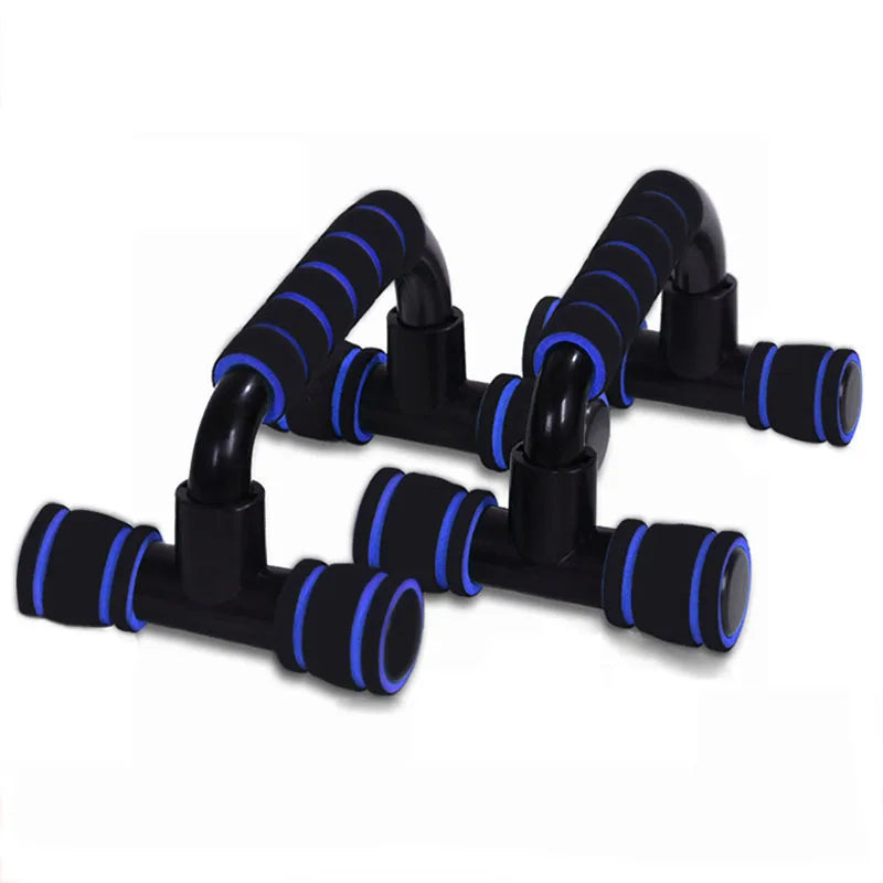 Blue FanzyMarket push-up bars with foam grips, designed for home workout and strength training exercises.