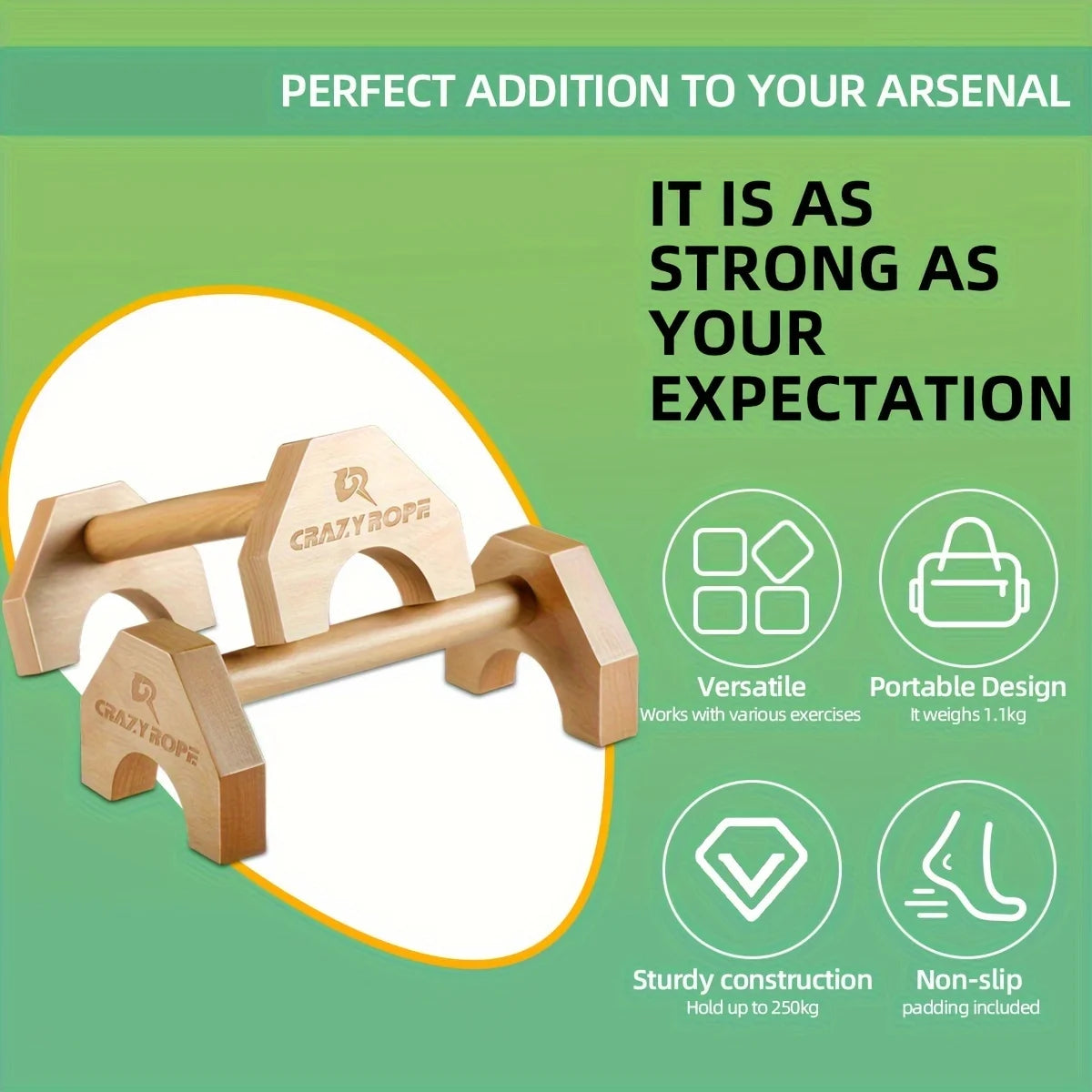 Pair of FanzyMarket wooden push-up bars for strength training and handstand practice, portable fitness equipment for home or gym use.