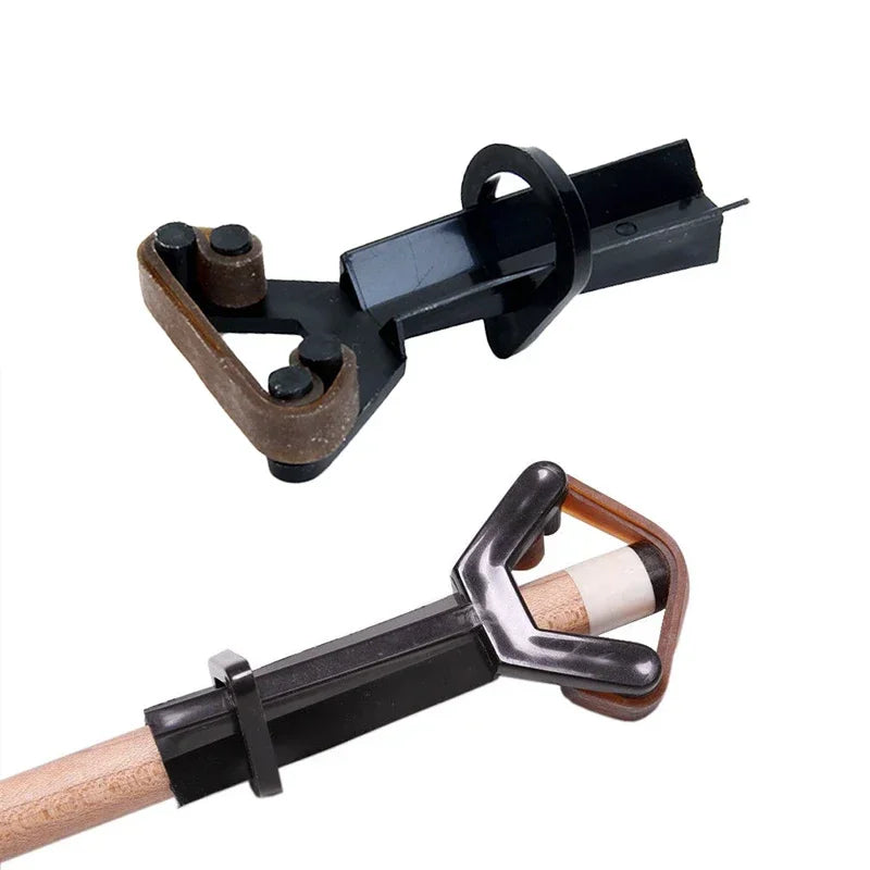 FanzyMarket pool cue tip clamp repair tool in plastic, 90x45mm, used for fixing billiards and snooker cue tips.