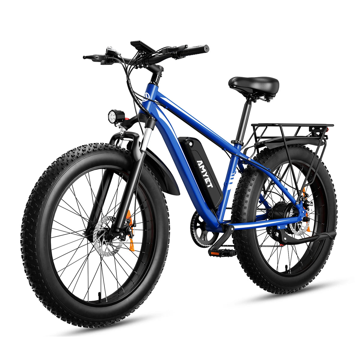 Blue FanzyMarket 1000W electric fat tire mountain bike with 26-inch tires, dual suspension, removable battery, and 28 mph speed.