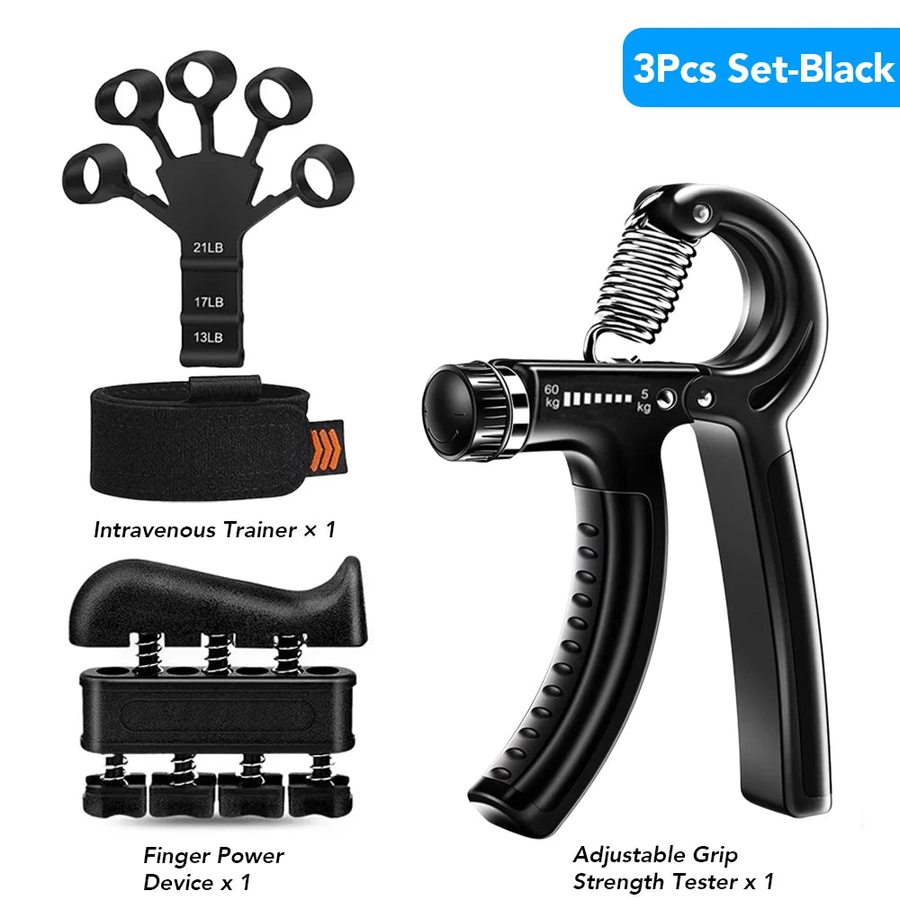 Black adjustable FanzyMarket hand gripper for finger and wrist strengthening, with 5-60 kg (11-132 lb) resistance.