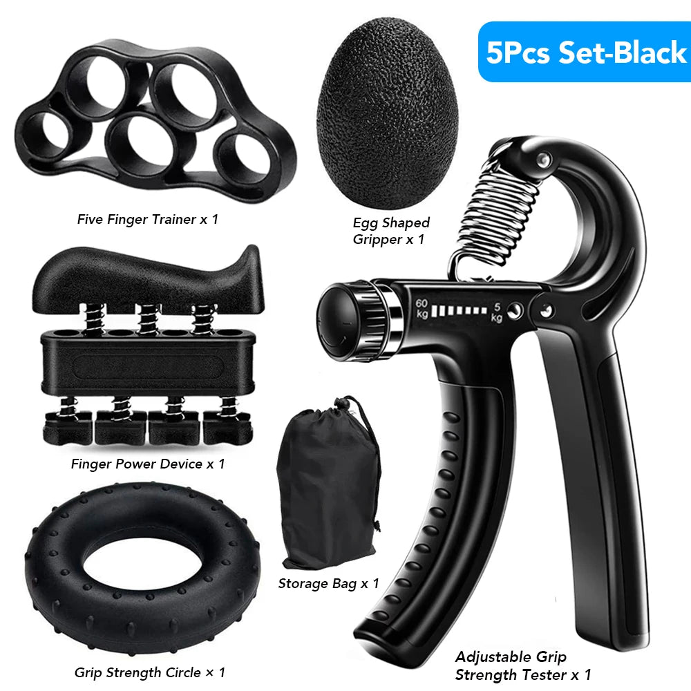 FanzyMarket adjustable hand gripper in black, a fitness tool for strengthening hands, fingers, and wrists with 5–60 kg resistance.