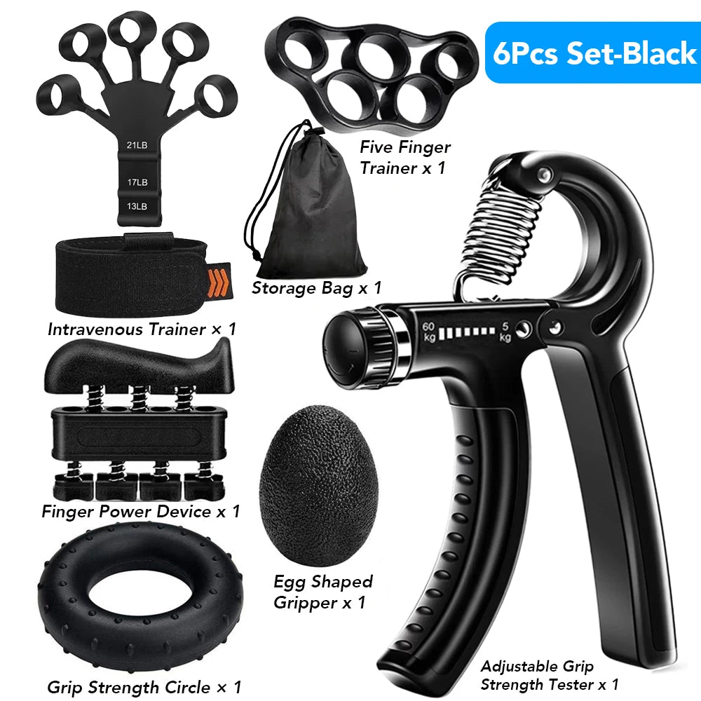 Black adjustable FanzyMarket hand gripper for finger strengthening, wrist training, supports 5-60 kg (11-132 lb) strength training.