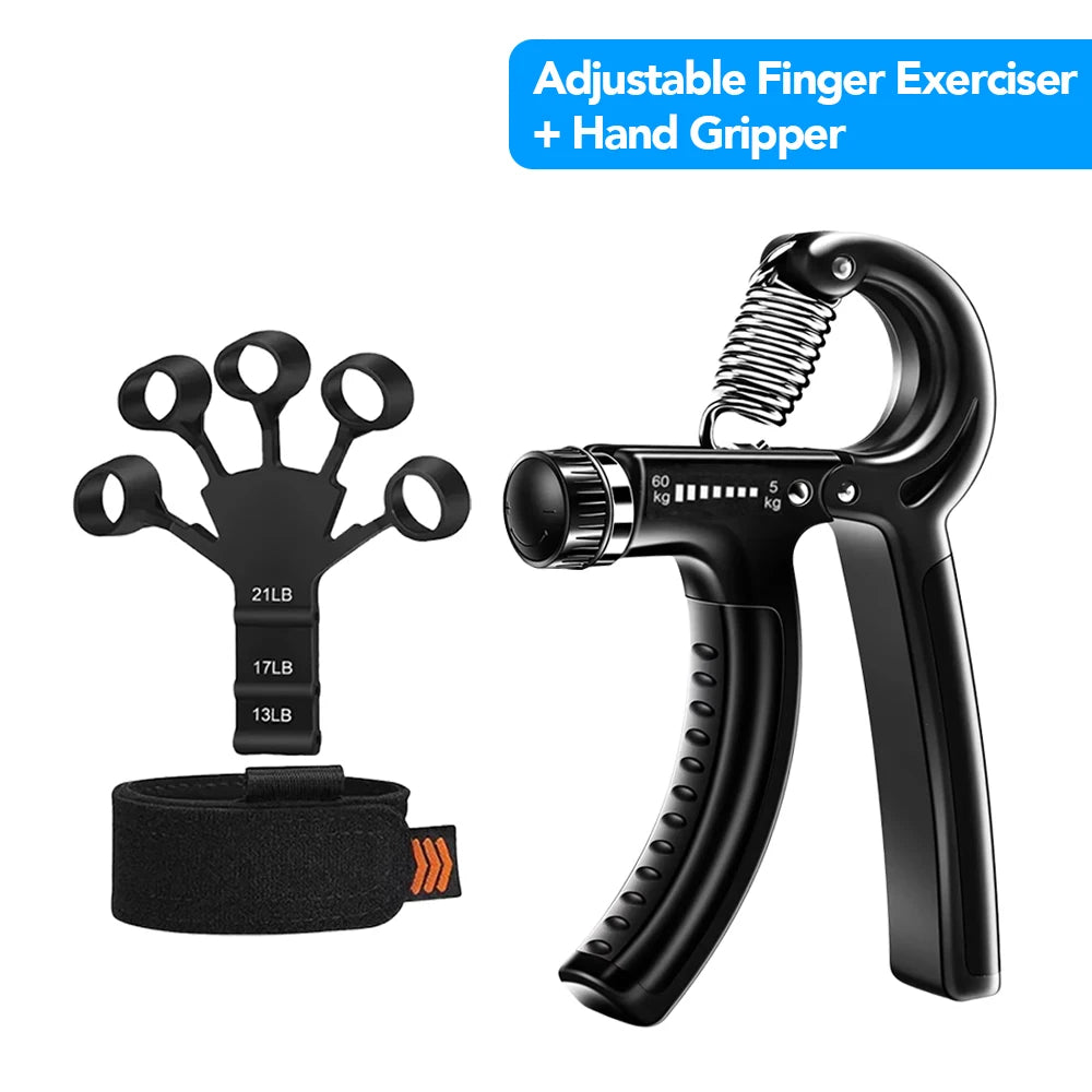 FanzyMarket adjustable hand gripper for strength training, featuring black design, 5-60 kg resistance, and finger and wrist exercise capability.